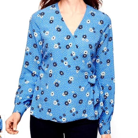 Talbots Blue Wave Daisy Dot Print Floral Wrap Top Blouse Women's Size XL - Picture 1 of 8